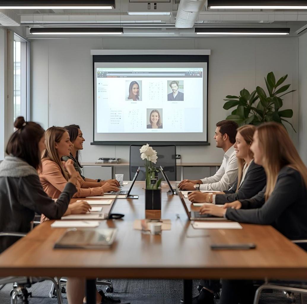 Équipe en réunion avec Striax, solution IA linguistique pour entreprises